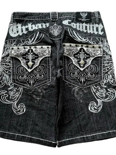 American Vintage Popular New Pattern Embroidery Baggy Denim Shorts Men Street Fashion Gothic Casual Joker Shorts Women Clothing