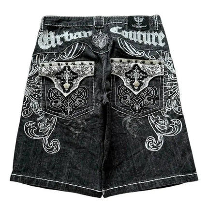 American Vintage Popular New Pattern Embroidery Baggy Denim Shorts Men Street Fashion Gothic Casual Joker Shorts Women Clothing PlatiNum