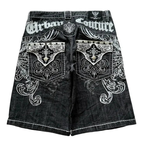 American Vintage Popular New Pattern Embroidery Baggy Denim Shorts Men Street Fashion Gothic Casual Joker Shorts Women Clothing PlatiNum