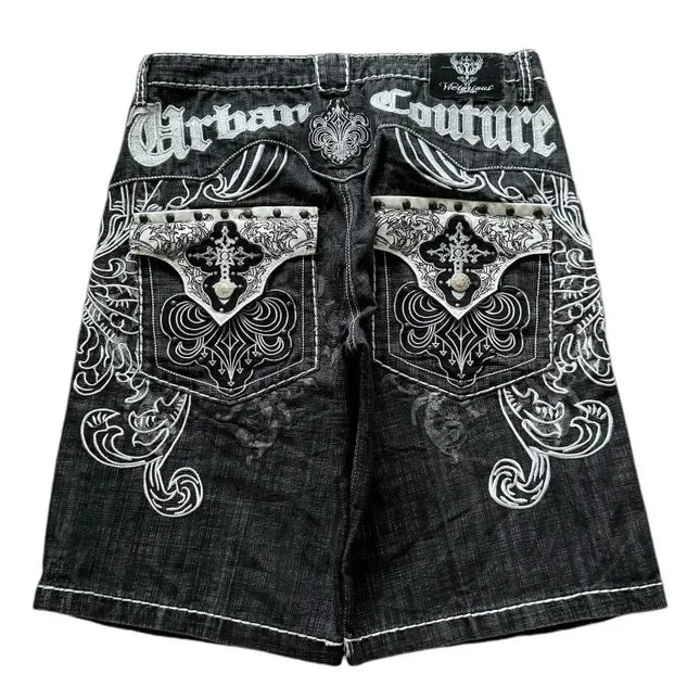 American Vintage Popular New Pattern Embroidery Baggy Denim Shorts Men Street Fashion Gothic Casual Joker Shorts Women Clothing PlatiNum