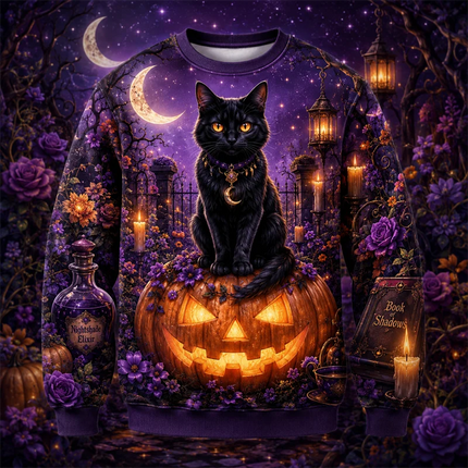 Fashion Castle Ghost Cat Pumpkin Graphic Halloween Sweatshirts Trendy Holiday Wear Long Sleeve Sweater Loose Breathable Pullover
