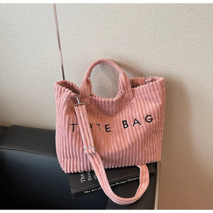 Large Capacity Striped Velvet Handbag Shoulder Bag for Woman Handbags Crossbody Bags, Versatile Letter Corduroy Women's Tote Bag PlatiNum