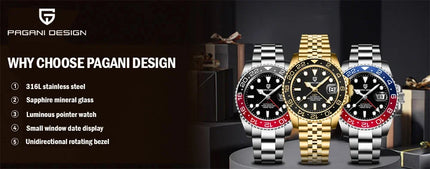 PAGANI DESIGN Pepsi GMT Orologio automatico da uomo 100M impermeabile quadrante nero luminoso cinturino Jubilee in acciaio inossidabile orologi da polso meccanici sportivi di lusso per uomo PD-1662 Relojes Hombres+Confezione