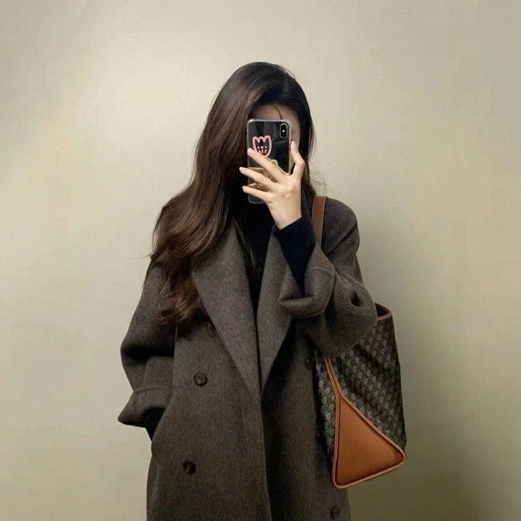 Grey Double-sided Cashmere Coat Women's 2026 Winter New Korean Version Loose Thick Down Woolen Coats Solid Casual Long Overcoat