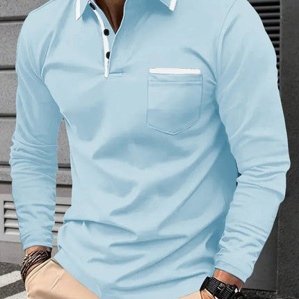 New men's long-sleeve polo shirt, casual sporty style, with lapel collar and decorative buttons, cross-border model.