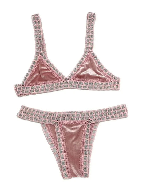 2024 Set bikini a triangolo fatto a mano all'uncinetto rosa donna costume da bagno in velluto nero costumi da bagno moda Boho Beachwear costume da bagno verde PlatiNum