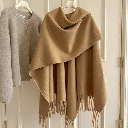 Women Split‑Open Woolen Tassel Poncho Shawl Thick Warm Cape Coat Autumn Winter Travel Photography Outer Wrap