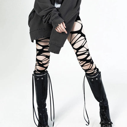 Calza traforata sexy da donna Halloween gotico nero punk cinturino strappato Y2k collant sfilacciato calze intimo festa collant