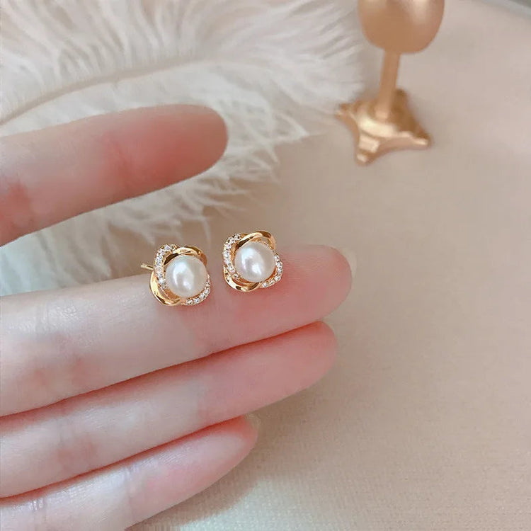 Gioielli in oro 14k di lusso Orecchini in oro reale Zircone Perla Twist Orecchini a bottone di lusso per le donne Brincos Pendientes Bijoux platinumshop