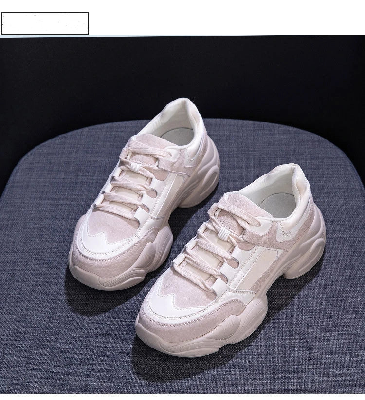 WOIZGIC Women's Female Ladies Genuine Leather Shoes Platform Lace Up Korean Sports Spring Autumn Breathable Vulcanized Shoes PlatiNum
