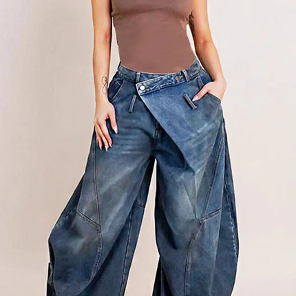 Y2K Jeans denim larghi da donna Tasca con bottoni asimmetrica Jean lavato Pantaloni casual Harajuku High Street Grunge Denim Trouders