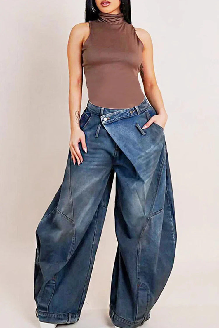 Y2K Jeans denim larghi da donna Tasca con bottoni asimmetrica Jean lavato Pantaloni casual Harajuku High Street Grunge Denim Trouders
