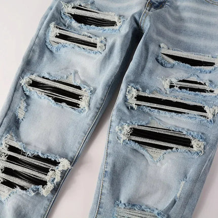 High Street Jeans Patch Hand-worn Holes Slim Skinny Jeans for Men PlatiNum