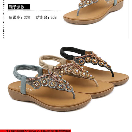 New 2026 Women's Summer Bohemian Style Sandals, Flip-Flop Design with Beaded and Rhinestone Buckle, Elastic Heel Strap, Comfortable Everyday Shoes