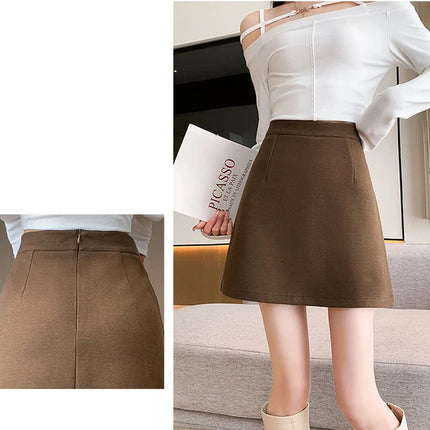 Autumn Winter Anti-Exposure Woolen Mini Skirt Women Korean College Style Short Skirts New Thicken Warm High Waist A-Line Skirt PlatiNum