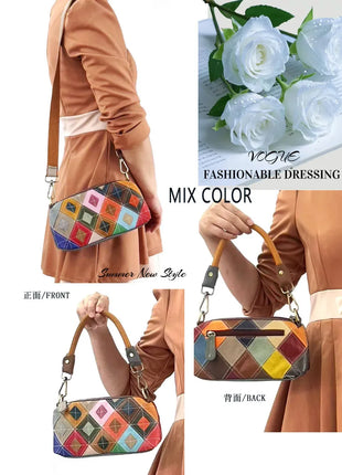 Borsa da Donna alla Moda, Borsa per Telefono in Vera Pelle Colorata con Motivo a Quadri, Borsa a Spalla e Tracolla