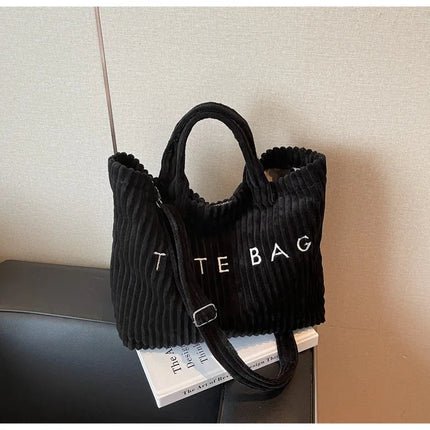 Large Capacity Striped Velvet Handbag Shoulder Bag for Woman Handbags Crossbody Bags, Versatile Letter Corduroy Women's Tote Bag PlatiNum