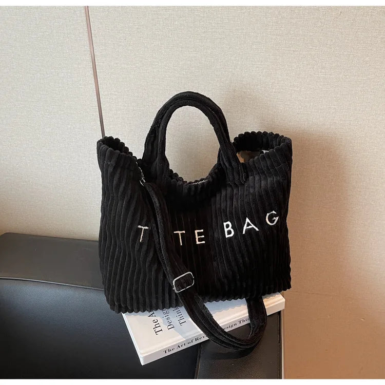 Large Capacity Striped Velvet Handbag Shoulder Bag for Woman Handbags Crossbody Bags, Versatile Letter Corduroy Women's Tote Bag PlatiNum