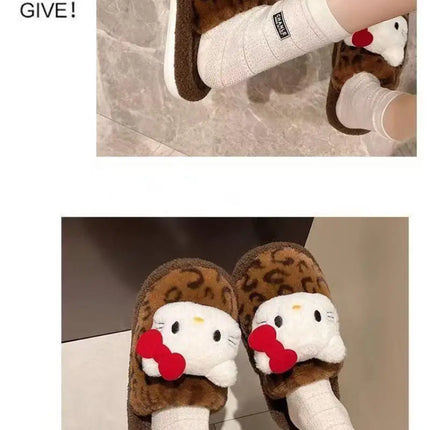Women Cute Cartoon Cat Leopard Print Plush Slippers Warm Fuzzy Non-Slip Soft Sole Winter Indoor Bedroom Cozy House Home Shoes