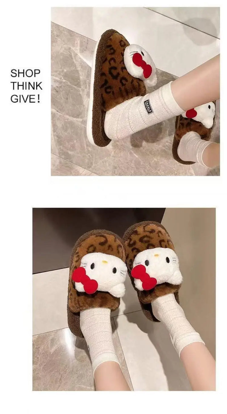 Women Cute Cartoon Cat Leopard Print Plush Slippers Warm Fuzzy Non-Slip Soft Sole Winter Indoor Bedroom Cozy House Home Shoes