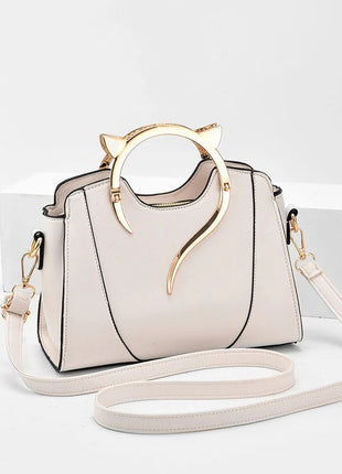 Cat Shaped Handle Women Handbag Trendy And Fashionable, Solid Color, Simple And Casual Crossbody Shoulder Shell Bag PlatiNum