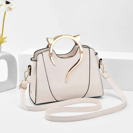 Cat Shaped Handle Women Handbag Trendy And Fashionable, Solid Color, Simple And Casual Crossbody Shoulder Shell Bag PlatiNum