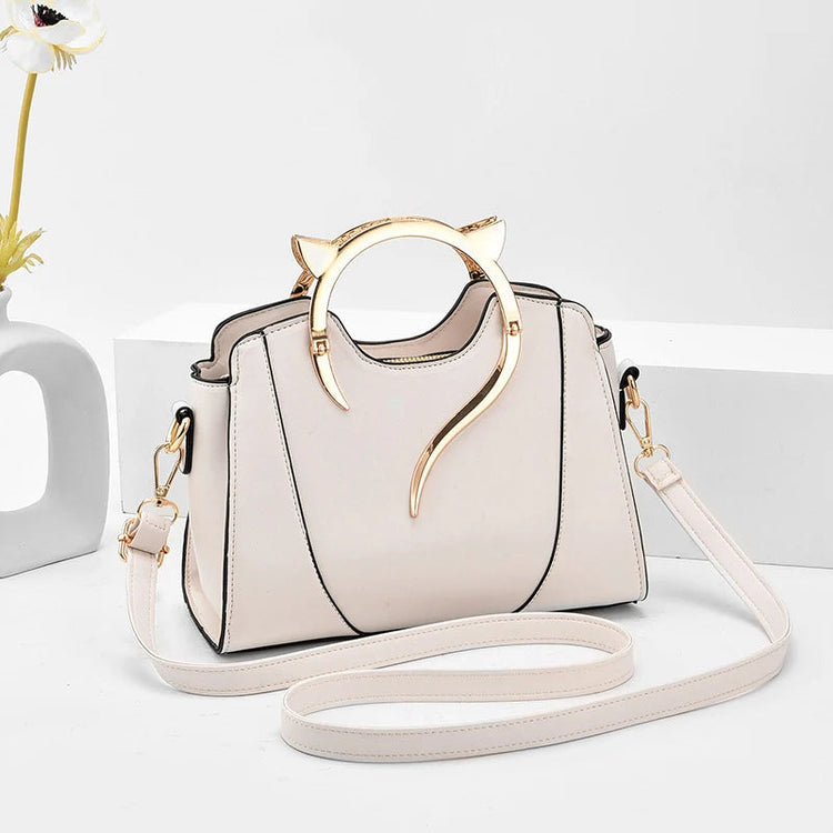 Cat Shaped Handle Women Handbag Trendy And Fashionable, Solid Color, Simple And Casual Crossbody Shoulder Shell Bag PlatiNum
