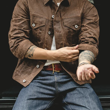 Maden Amekaji Retro Male Oil Waxed Jacket Canvas Cotton Khaki Military Uniform Light Casual Work Safari Style Coats Man Clothing