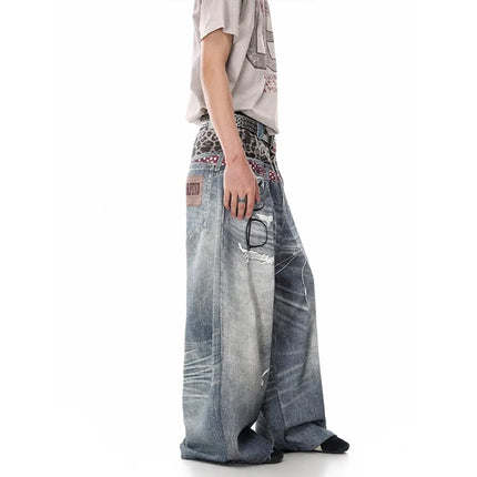 KEQI Jeans Blu da Uomo Y2k Gyaru Punk Oversize con Stampa 3D, Pantaloni in Denim Vintage Hiphop Grunge Baggy, Abbigliamento Alternativo