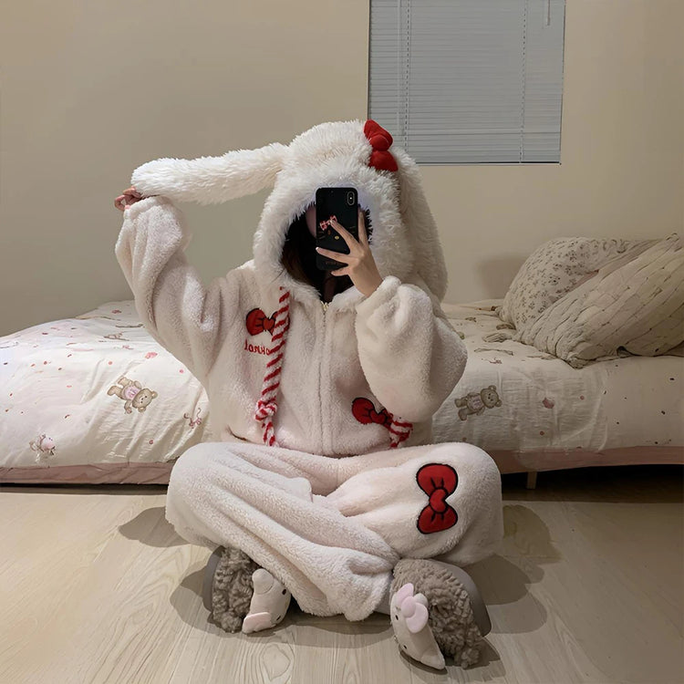 Thick Winter Pajamas Cute Coral Fleece Hooded Pajamas Y2K Kawaii Rabbit Anime Women's Pajamas Cartoon Warm Home Clothesnew Model