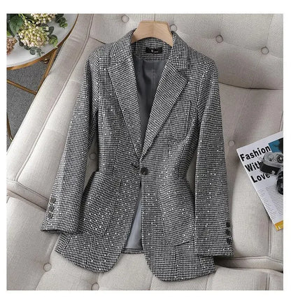 Women's Blazer Two-piece Set Spring Autumn New Fashion Glitter Vintage Suit Jacket Elegant Casual Shorts +Shiny Check Outwear Se
