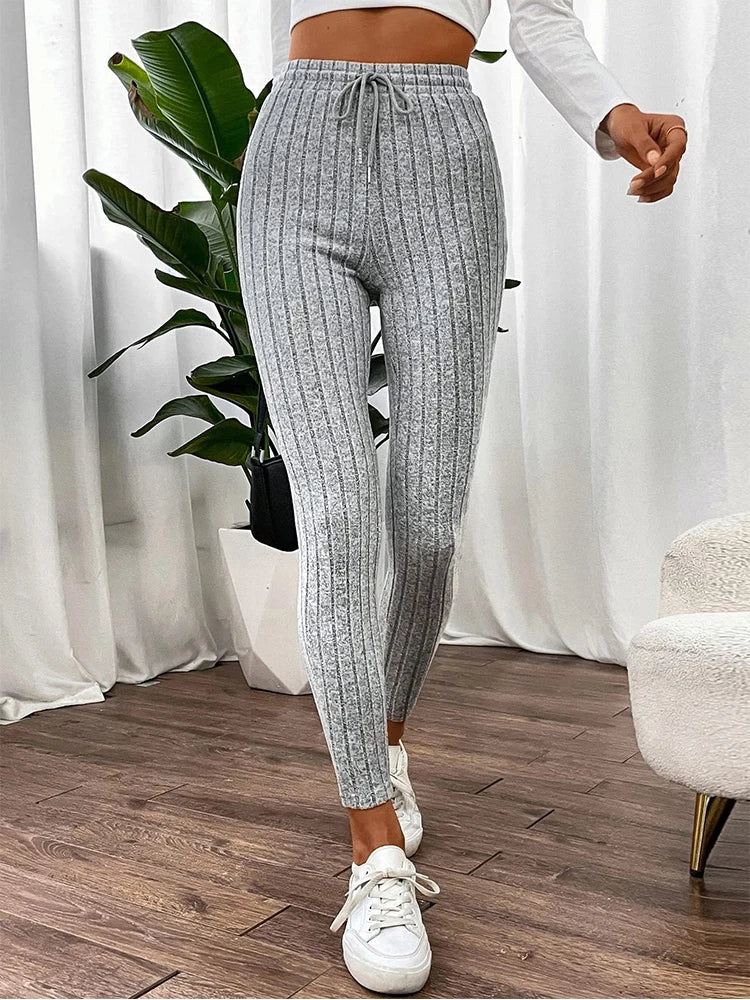 Casual Every Day Stretchy Women Drawstring Leggings High Waist Solid Color Breathable Sports Leggings Soft Comfortable Colthing PlatiNum