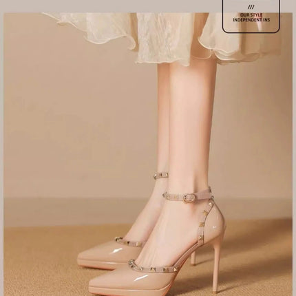 Sandali Nude con Punta a Spillo e Fibbia da Donna, Tacco Sottile Estivo, Impermeabili, con Plateau, Comodi, con Rivetti, in Pelle Sintetica platinumshop