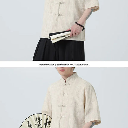 Camicie a Righe da Uomo Estive in Stile Cinese Tradizionale, Camicie Traspiranti in Lino, Abbigliamento Maschile Retrò per Kung Fu e Tai Chi, Completo Casual Tang