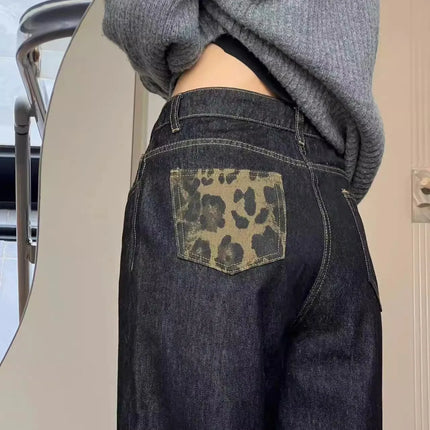 Y2K Jeans da donna americani a vita alta con stampa leopardata nera, bordo arrotolato, gamba larga, pantaloni estivi larghi con punto a contrasto