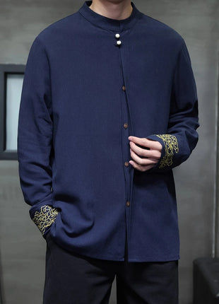 Camicie da Uomo di Alta Qualità con Ricami in Stile Cinese, Colletto Rialzato Retrò, in Lino Comodo e Traspirante, Camicie Casual da Uomo