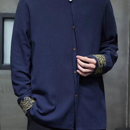 Camicie da Uomo di Alta Qualità con Ricami in Stile Cinese, Colletto Rialzato Retrò, in Lino Comodo e Traspirante, Camicie Casual da Uomo