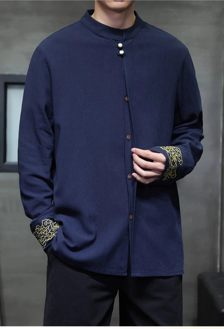 Camicie da Uomo di Alta Qualità con Ricami in Stile Cinese, Colletto Rialzato Retrò, in Lino Comodo e Traspirante, Camicie Casual da Uomo