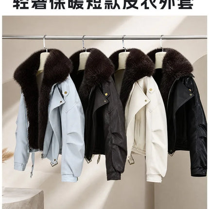 New Parkas Women Leather Jacket Big Fur Collar Tooling Cotton Jacket 2026 Winter Thicke Warm Cotton Padded Coat Female Outerwear