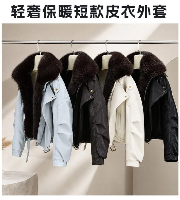 New Parkas Women Leather Jacket Big Fur Collar Tooling Cotton Jacket 2026 Winter Thicke Warm Cotton Padded Coat Female Outerwear