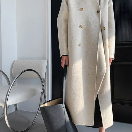 Luxury Hand-sewn Double-sided Cashmere Wool Coat Women New Mid-length Scarf Collar Loose Lace-up Warm Wool Coat Fashion Winter