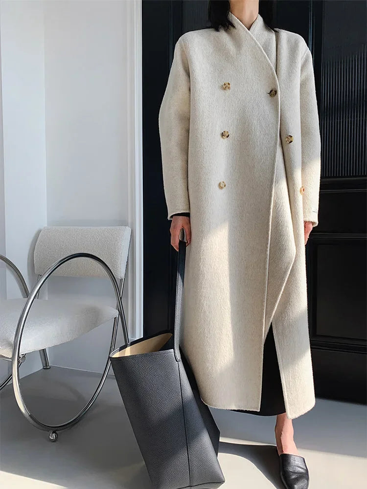 Luxury Hand-sewn Double-sided Cashmere Wool Coat Women New Mid-length Scarf Collar Loose Lace-up Warm Wool Coat Fashion Winter