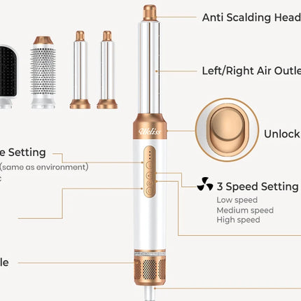 7‑In‑1 Multi‑Functional Hot Air Hair Styling Set,626-1- Curling Wand, Hair Dryer, Straightening Comb, Round Brush, Interchangeable Heads Household Salon Hair Care Styling Instrument