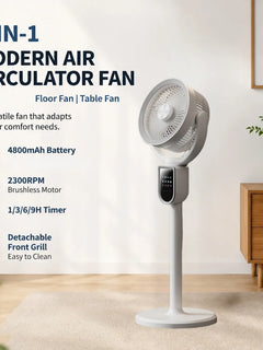 Ventilatore Circolatore d'Aria Moderno 3-in-1 con Motore Brushless da 4800mAh, 5 Velocità e Timer 9H, Ventilatore da Terra e da Tavolo per Casa, Camera da Letto, Ufficio