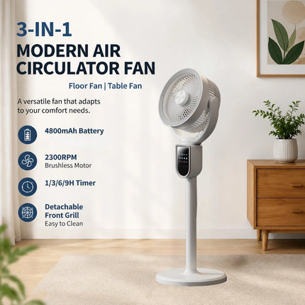 Ventilatore Circolatore d'Aria Moderno 3-in-1 con Motore Brushless da 4800mAh, 5 Velocità e Timer 9H, Ventilatore da Terra e da Tavolo per Casa, Camera da Letto, Ufficio