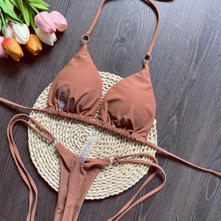 RUOTONGSEPT Sexy Halter Satin Bikini brasiliano Donna Costumi da bagno Costume da bagno femminile Bikini a due pezzi Bagnante Costume da bagno Swim PlatiNum