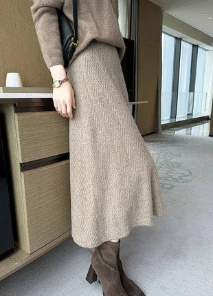 100% Cashmere Skirt Women's Mid-calf Dress Herring Bone High Waist High-end Versatile Knitted Skirt Autumn Winter Office Lady PlatiNum