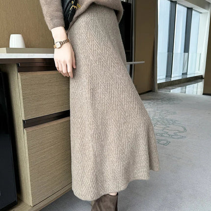 100% Cashmere Skirt Women's Mid-calf Dress Herring Bone High Waist High-end Versatile Knitted Skirt Autumn Winter Office Lady PlatiNum