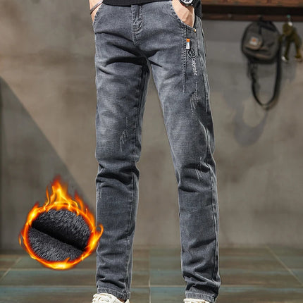 Men's Thick Winter Jeans Slim Elastic Velvet Warm Business Casual Trousers Fashion Vintage Straight Male Plush Denim Pants