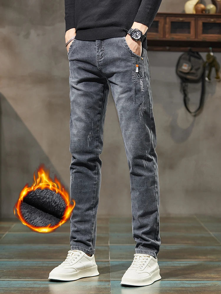 Men's Thick Winter Jeans Slim Elastic Velvet Warm Business Casual Trousers Fashion Vintage Straight Male Plush Denim Pants